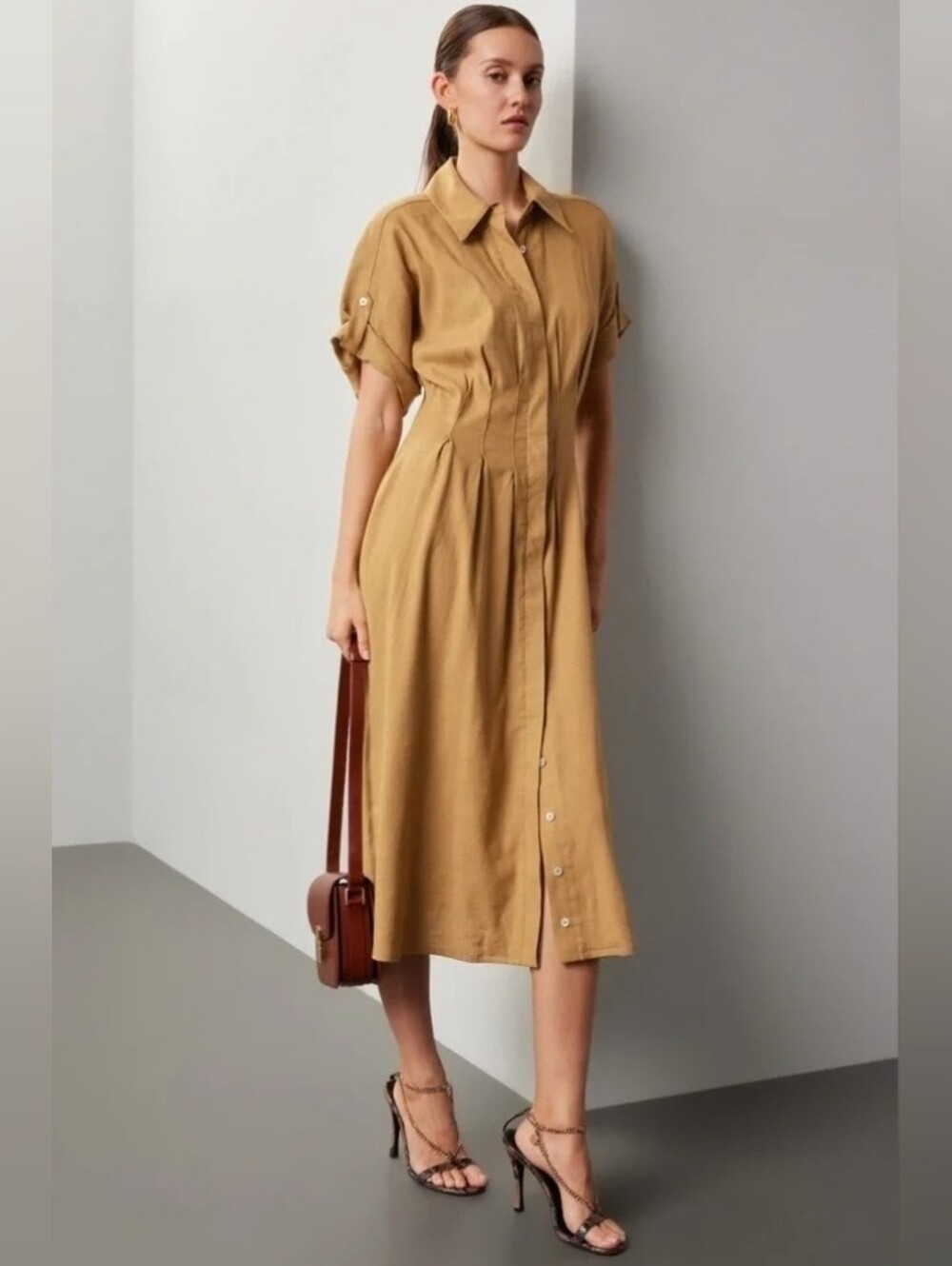 VERONICA BEARD Adavi Linen Midi Dress In Desert Khaki Size 6